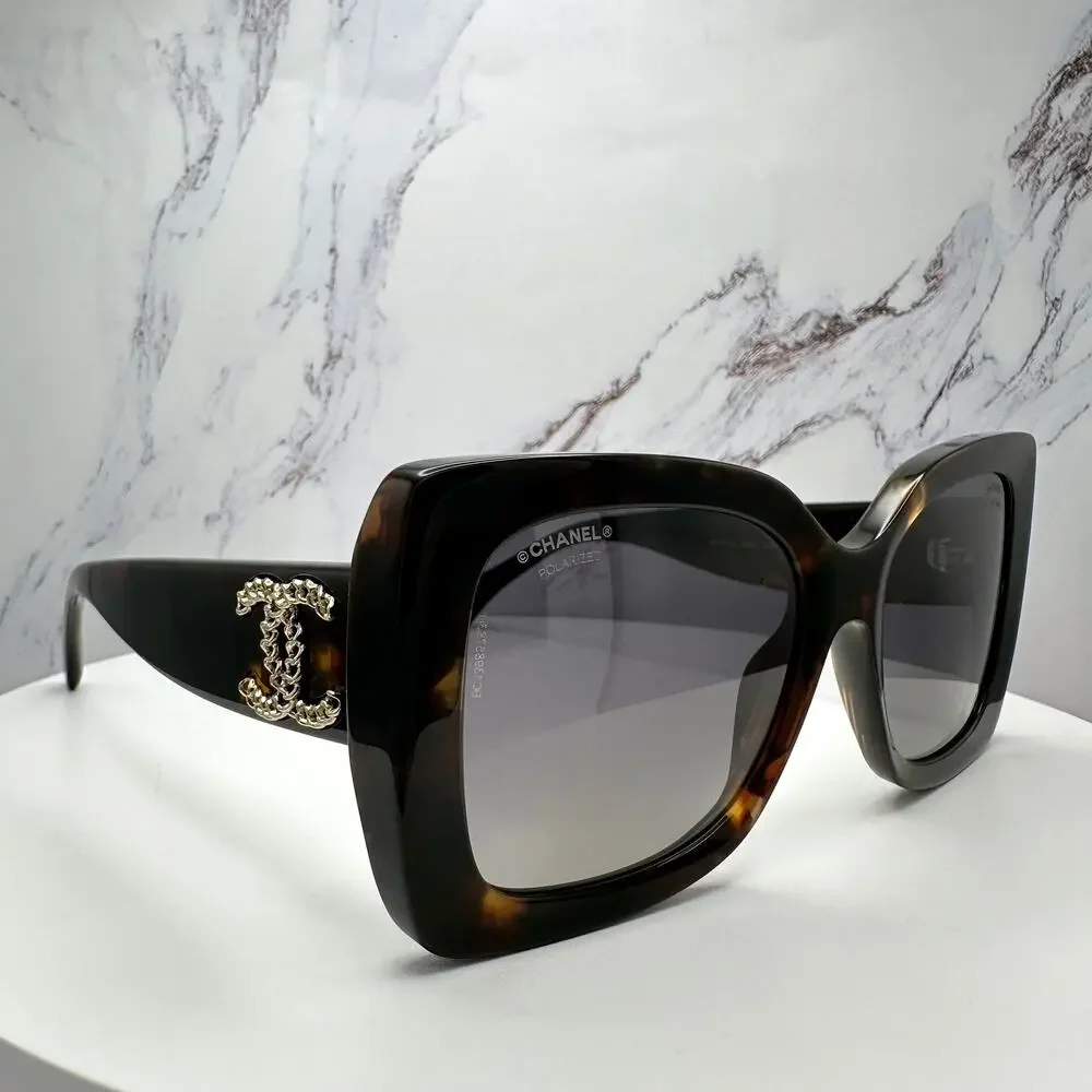 Chanel Black Tortoiseshell Oversized Sunglasses with Gold CC Logo